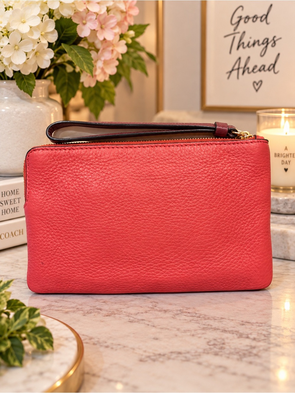 Coach Poppy Red Leather Large Corner Zip Wristlet with Horse & Carriage - Picture 2 of 4
